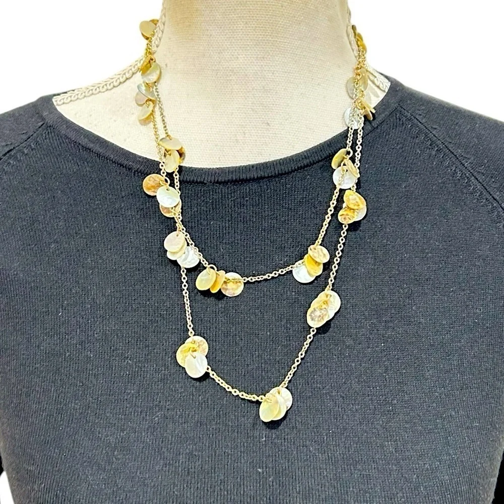 Boutique long delicate necklace mother of pearl circle beaded adjustable 18 inch